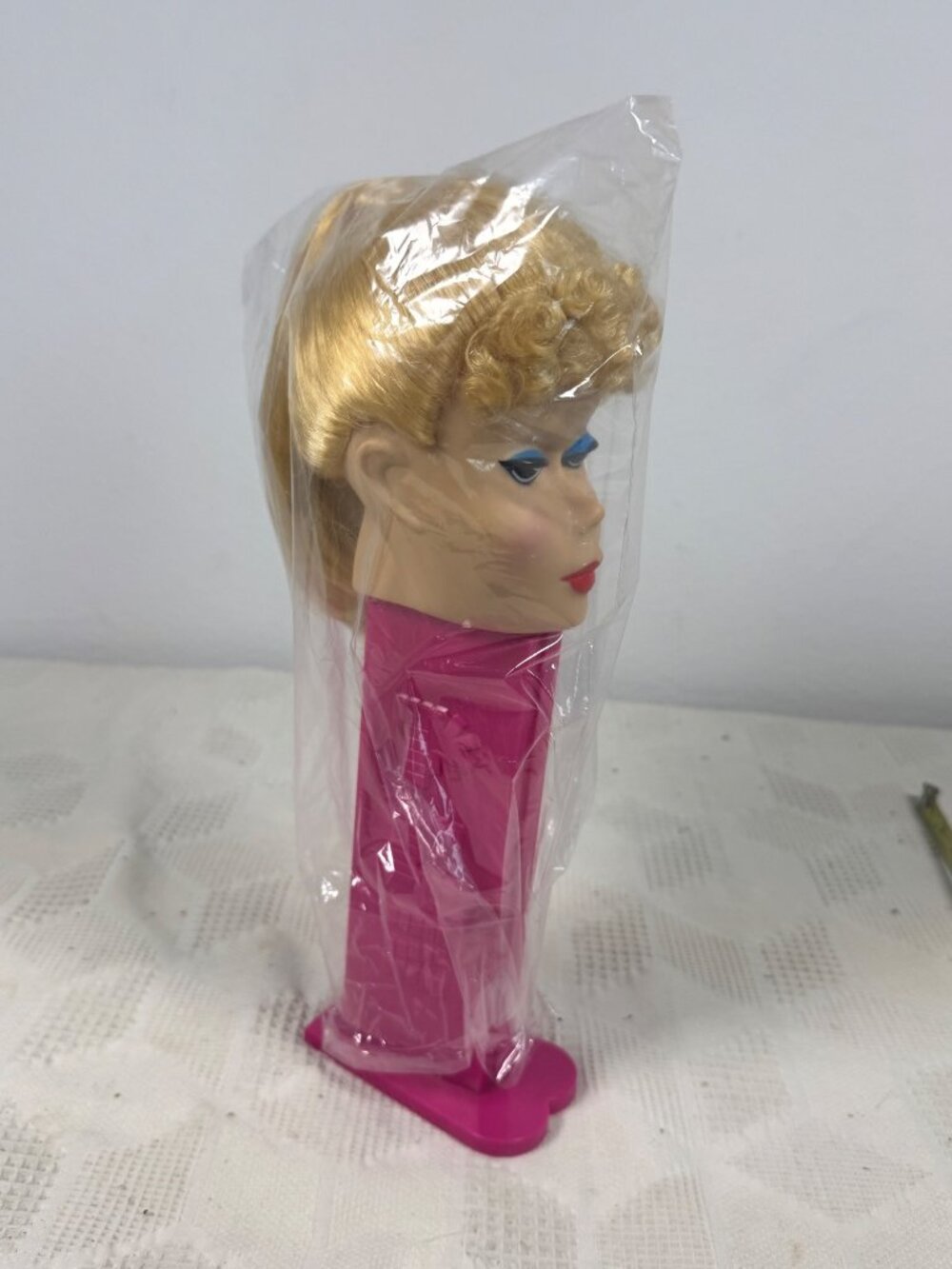 Vintage Barbie Head Pez Dispenser 12 Inch Pink Base Blonde Hair Collectible